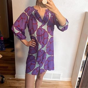 Tucker Silk Mini Dress Button Down Vintage Retro Floral Print 3/4 Sleeve V-Neck